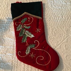 Festive Red and Green Holiday Stocking with Gold Accents